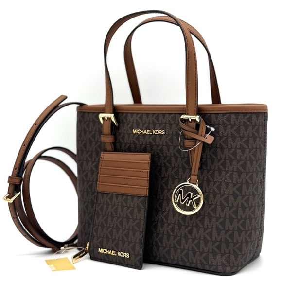 Michael Kors Jet Set Travel Logo Top-Zip Tote Bag & Logo Card Case Wallet Set - Picture 1 of 12